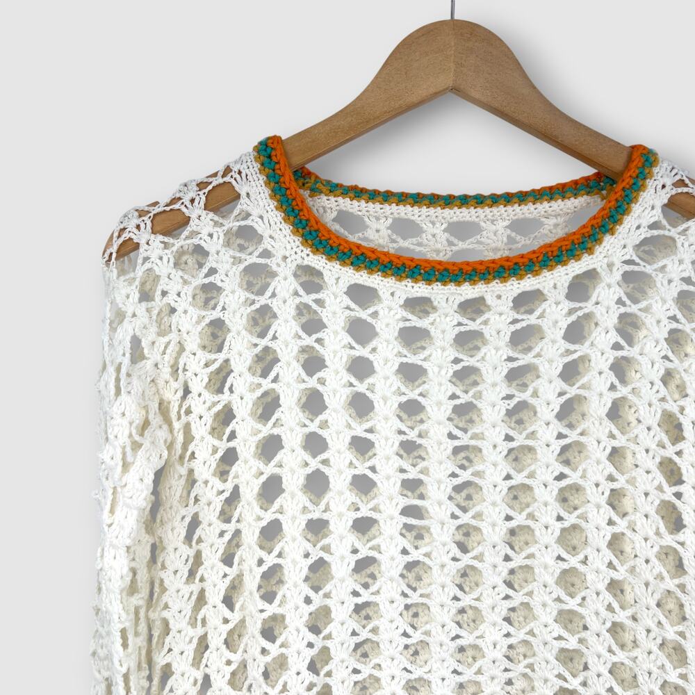 Vintage Hand Crochet Open Weave Cropped Sweater Ivory Size Small - Picture 4 of 5